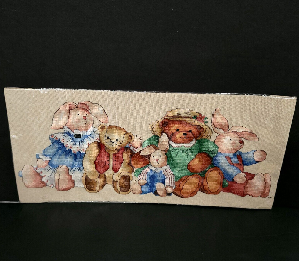 Completed Cross Stitch Teddy Bears Bunnies Nursery Room Decor Needlework Art
